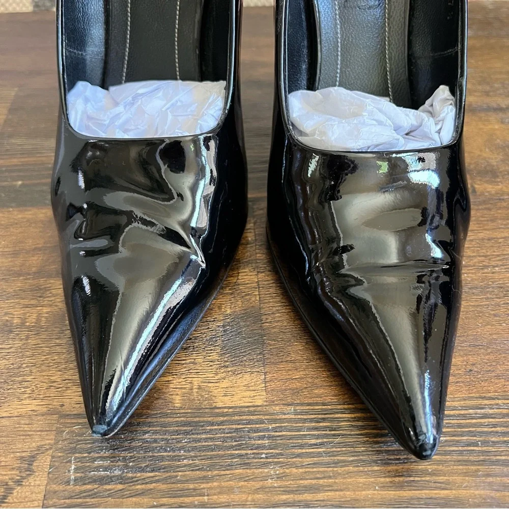 Balenciaga Slash Slanted Heel $675 Pointed Toe Patent Leather Pumps EU37.5